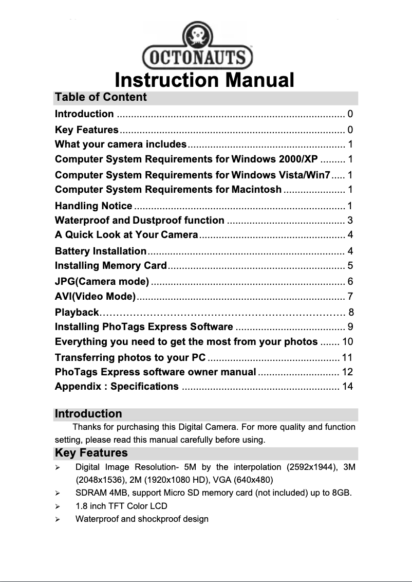 Imagen de la primera página del manual del dispositivo Octonauts