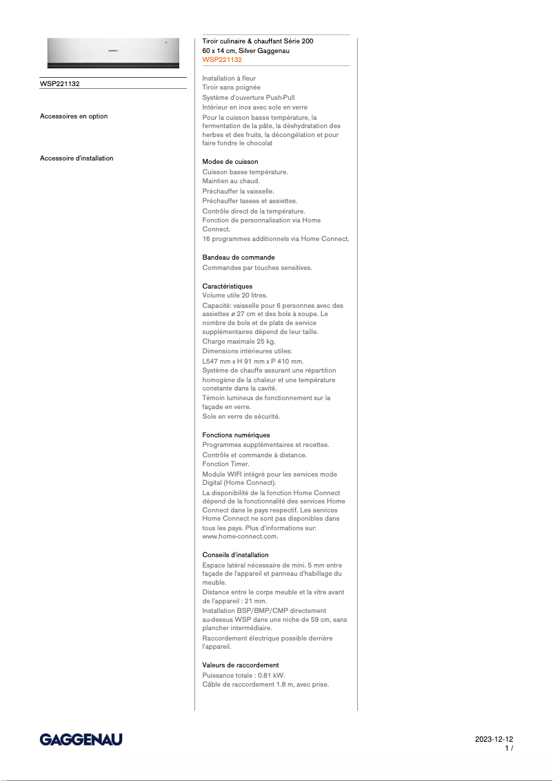 Page 1 de la notice Fiche technique Gaggenau WSP221132