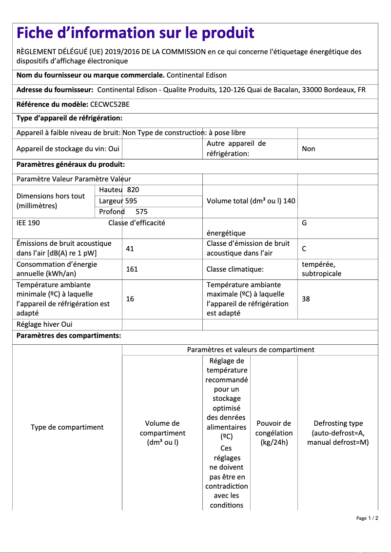 Page n°1 - Label énergétique Continental Edison CECWC52BE