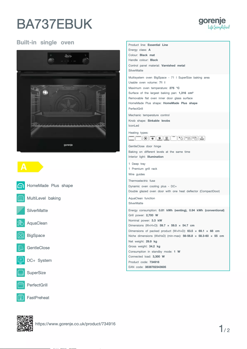 Page 1 de la notice Fiche technique Gorenje BA737EBUK