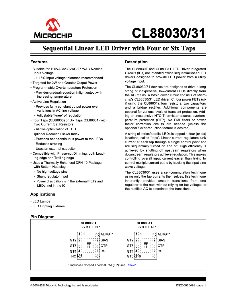 Page 1 de la notice Fiche technique Microchip CL88030