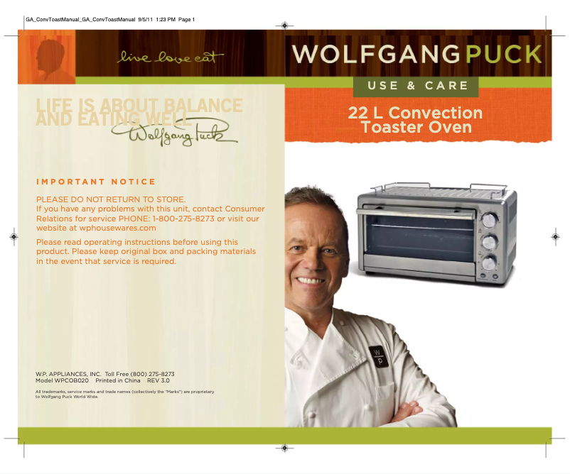 Page 1 de la notice Manuel utilisateur Wolfgang Puck WPCOB020