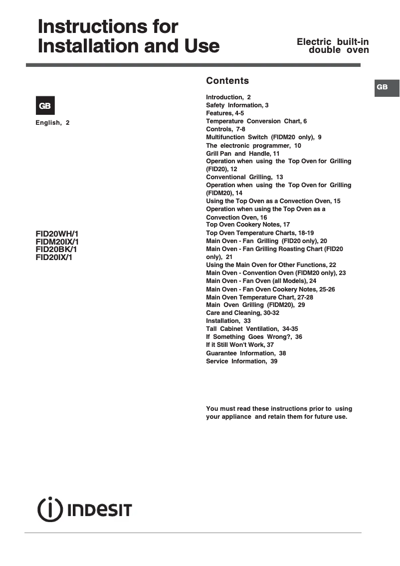 Page 1 de la notice Manuel utilisateur Indesit FID20WH