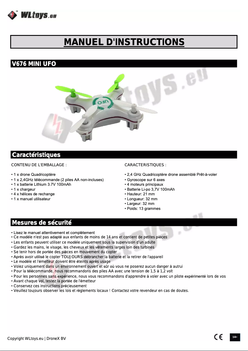 Page 1 de la notice Manuel utilisateur WLtoys V676 - Mini Ufo