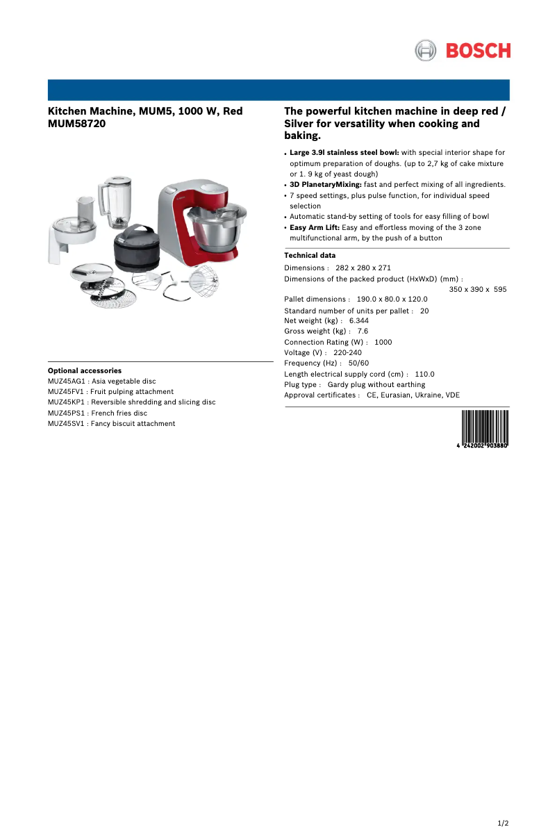 Page n°1 - Fiche technique Bosch MUM58720