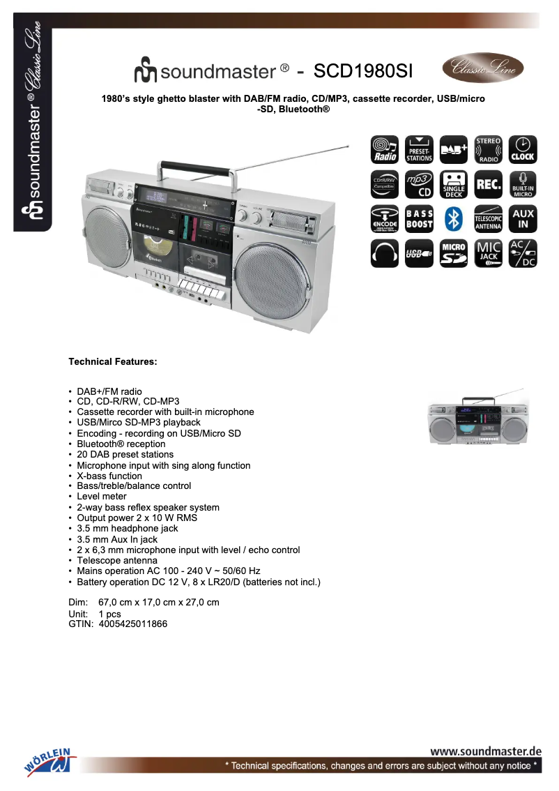 Page 1 de la notice Fiche technique Soundmaster SCD1980