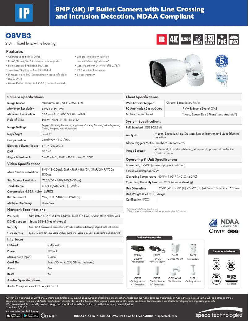 Page 1 de la notice Fiche technique Speco Technologies O8VB3