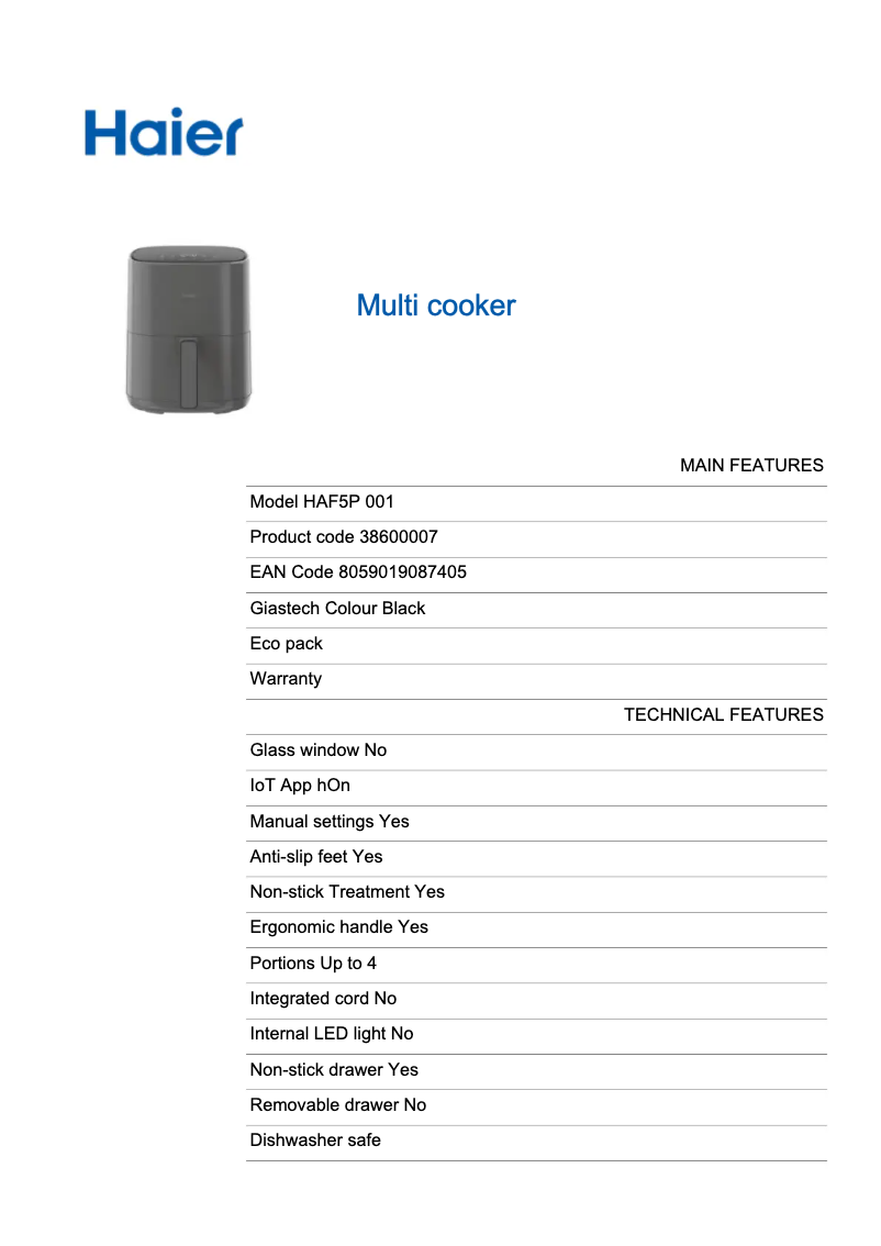 Page 1 de la notice Fiche technique Haier HAF5P 001