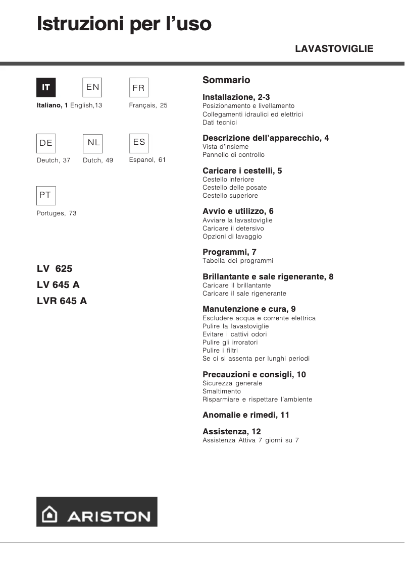 Page 1 de la notice Manuel utilisateur Ariston Thermo LV 645 A