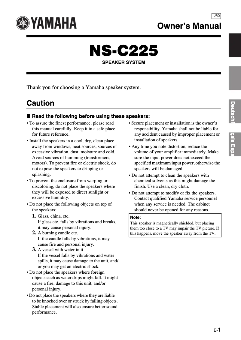 Page 1 de la notice Manuel utilisateur Yamaha NS-C225