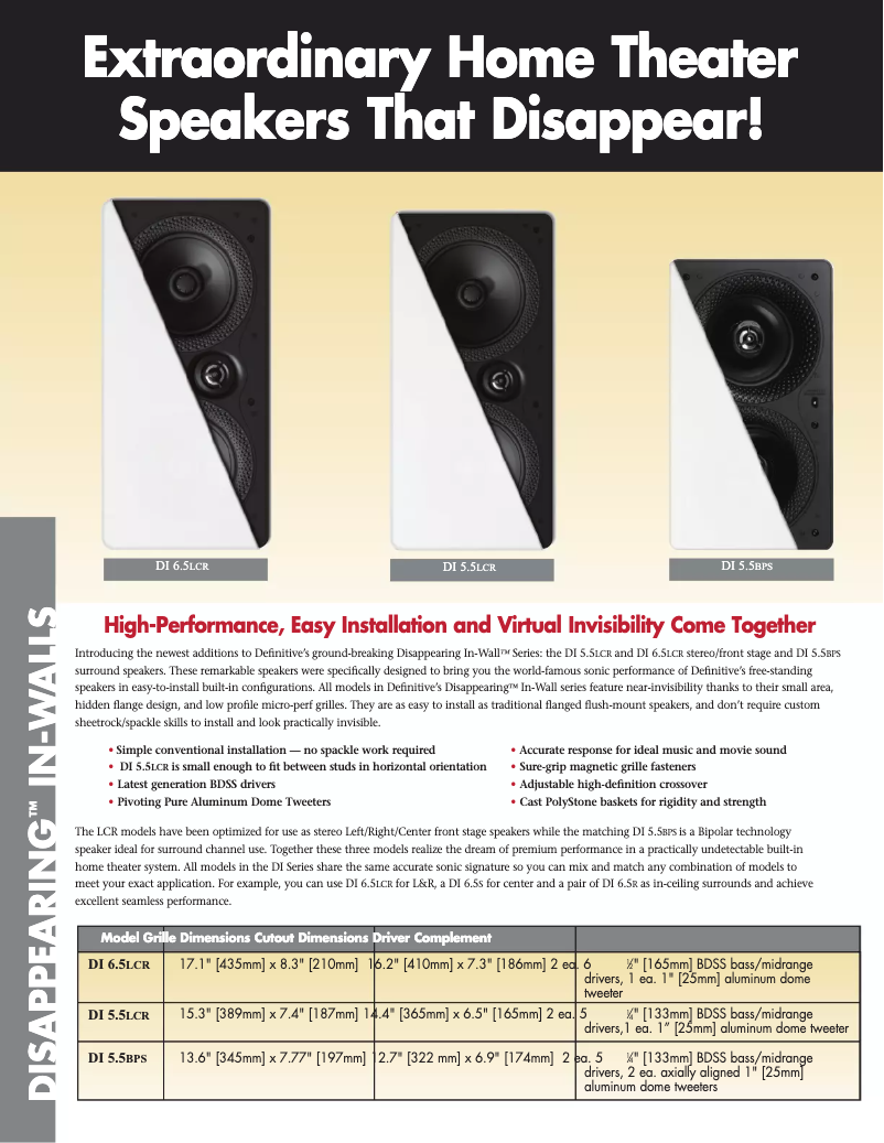 Page 1 de la notice Fiche technique Definitive Technology Definitive DI 6.5LCR