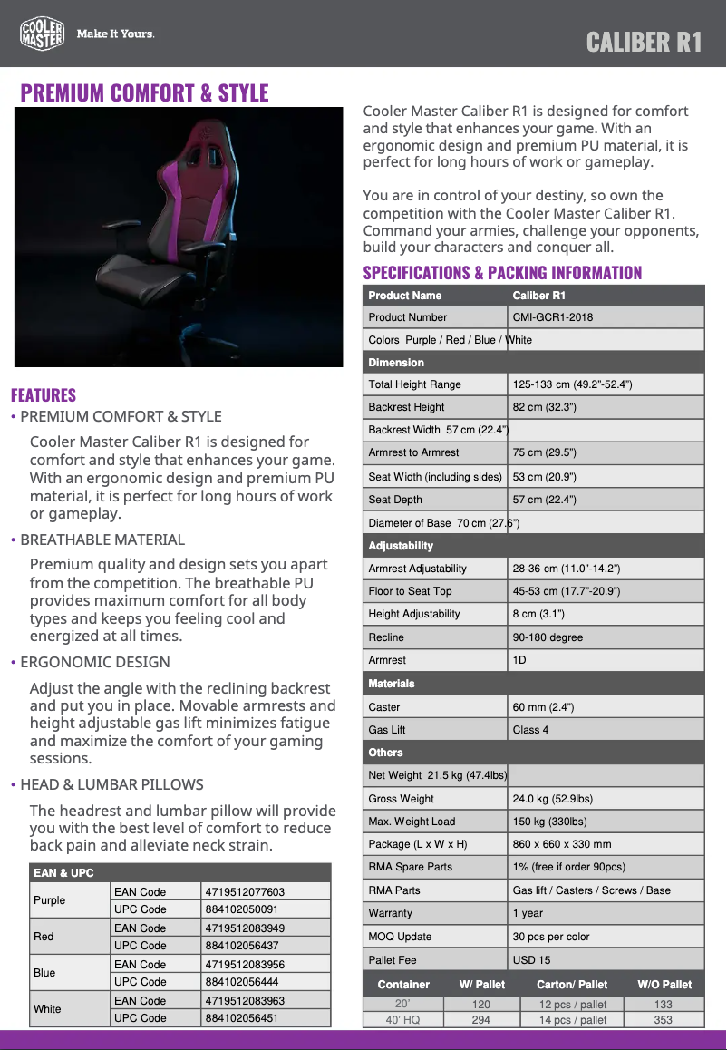 Page 1 de la notice Fiche technique Cooler Master Caliber R1