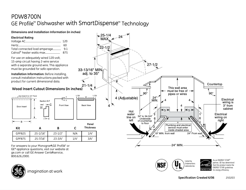 Page 1 of the manual Technical Sheet GE Profile PDW8700NBB