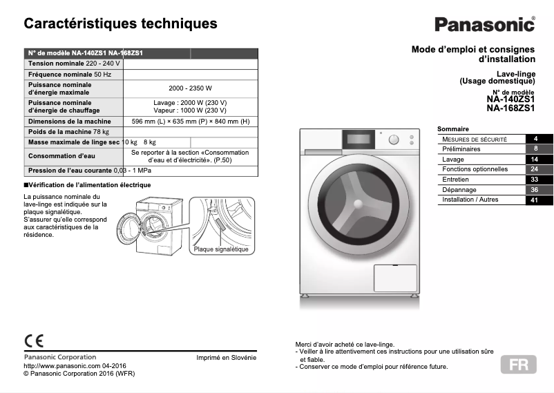 Page 1 de la notice Manuel utilisateur Panasonic NA-140ZS1
