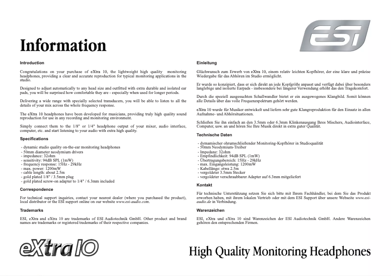Page n°1 - Manuel utilisateur ESI eXtra 10