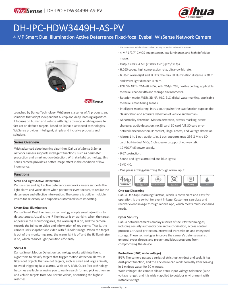 Page 1 de la notice Fiche technique Dahua Technology IPC-HDW3449H-AS-PV