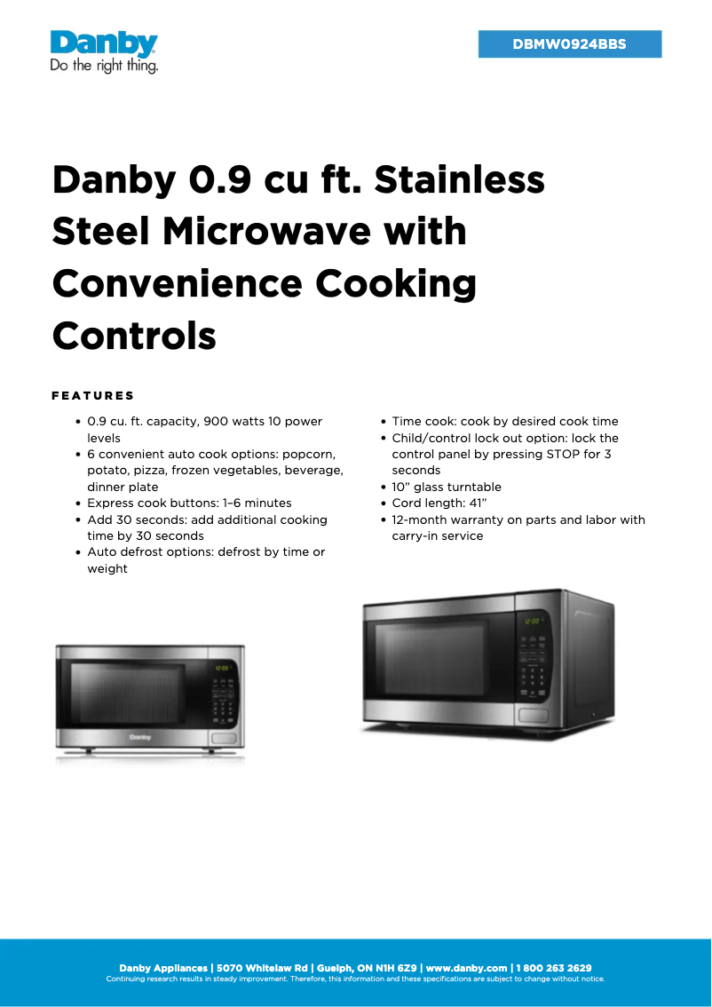 Page 1 de la notice Fiche technique Danby DBMW0924BBS