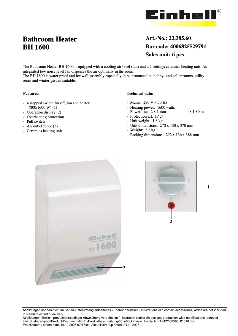 Page n°1 - Manuel utilisateur Einhell BH 1600