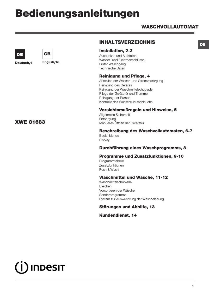 Page 1 de la notice Manuel utilisateur Indesit XWE 81683X WSSS DE