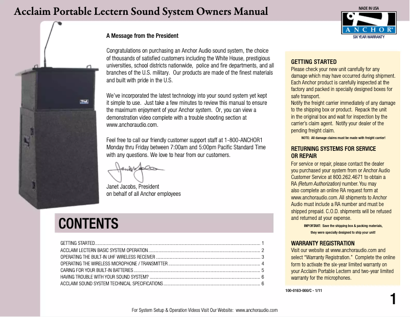 Page n°1 - Manuel utilisateur Anchor Audio ACL-DP/EM/EM