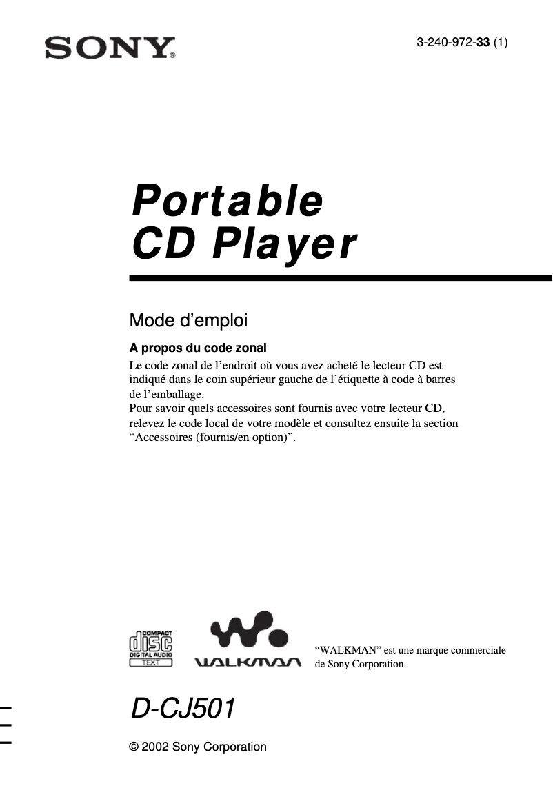 Page n°1 - Manuel utilisateur Sony Walkman D-CJ501