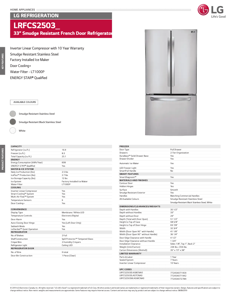 Página 1 del manual Ficha técnica LG LRFCS2503W