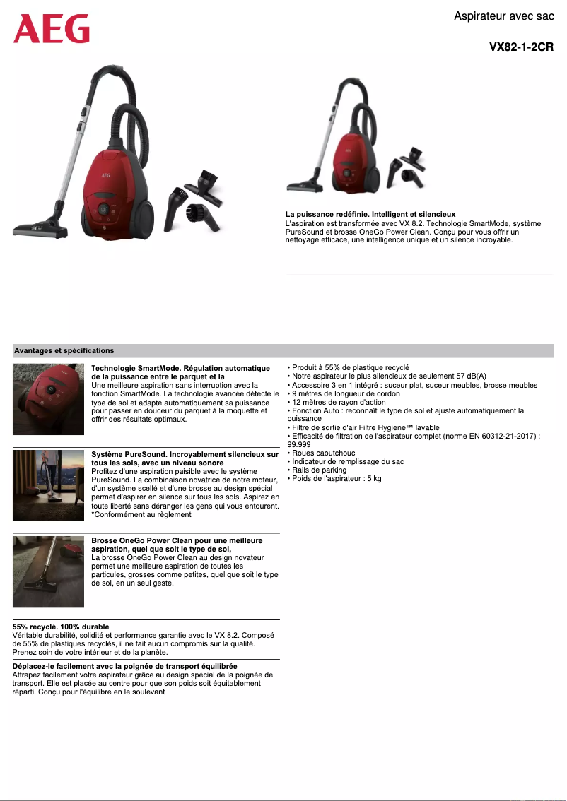 Page 1 de la notice Fiche technique AEG VX8.2 Silence