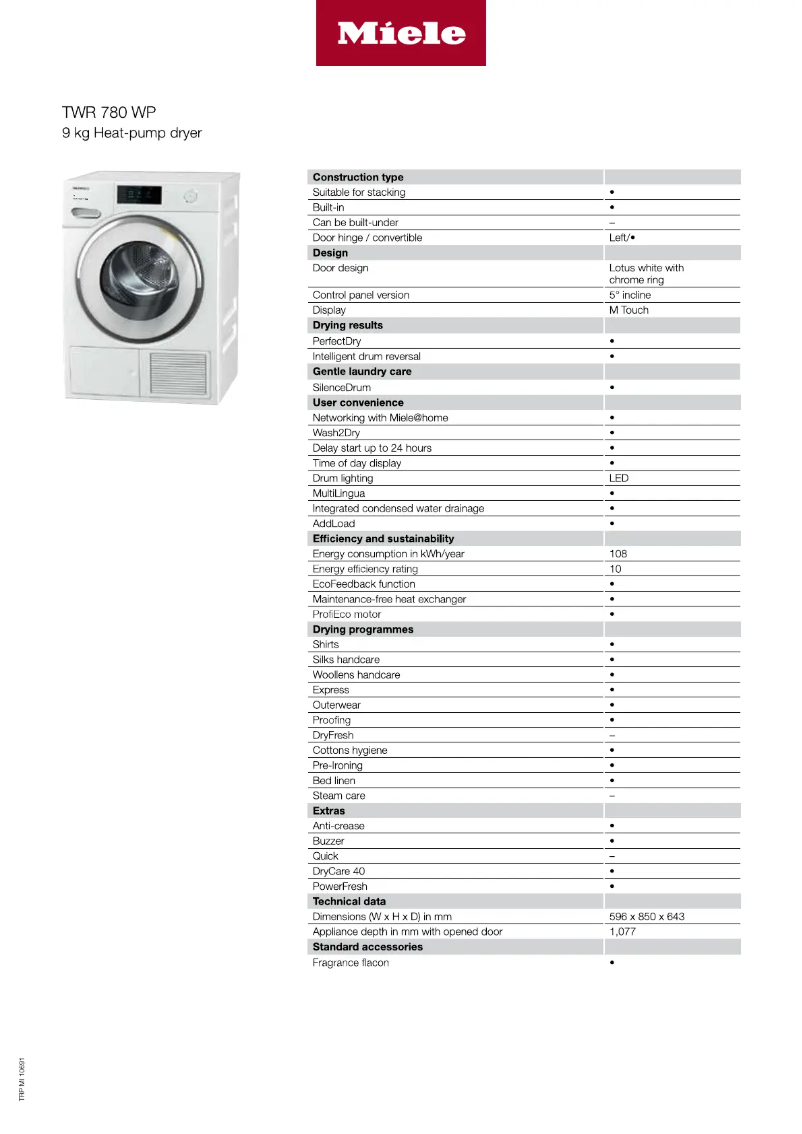 Page n°1 - Fiche technique Miele TWR 780 WP