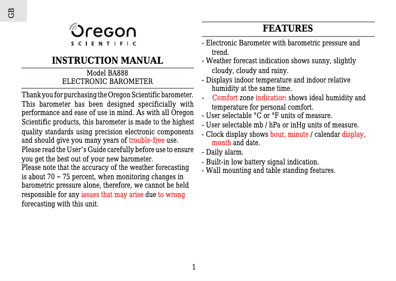 Page 1 de la notice Manuel utilisateur Oregon Scientific BA888