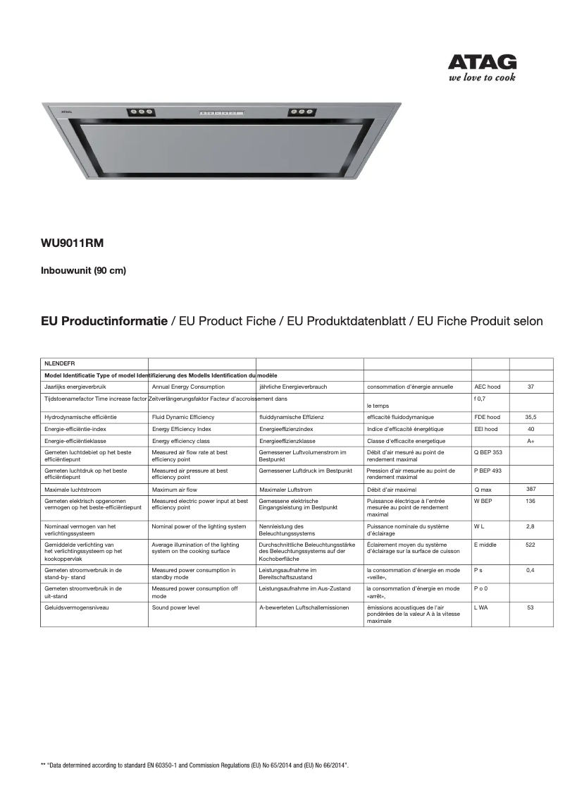 Page 1 de la notice Fiche technique Atag WU9011RM