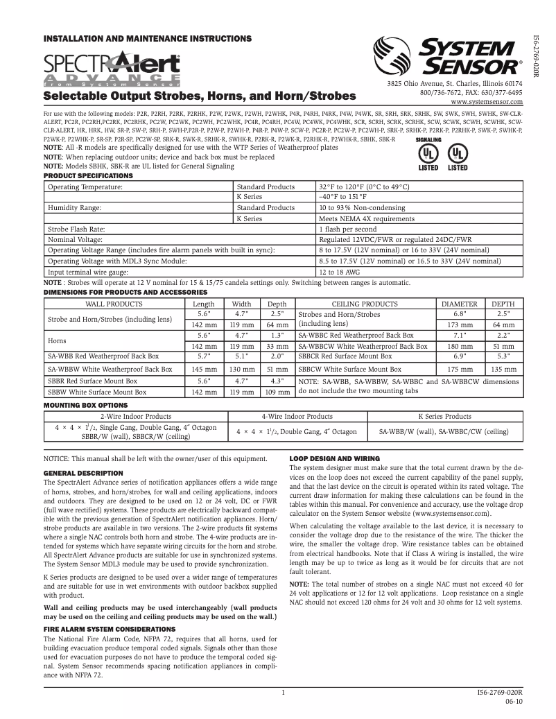 Page n°1 - Manuel utilisateur System Sensor PC2W