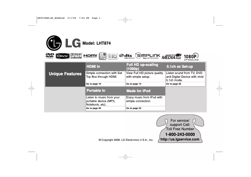 Page 1 de la notice Manuel utilisateur LG LHT874