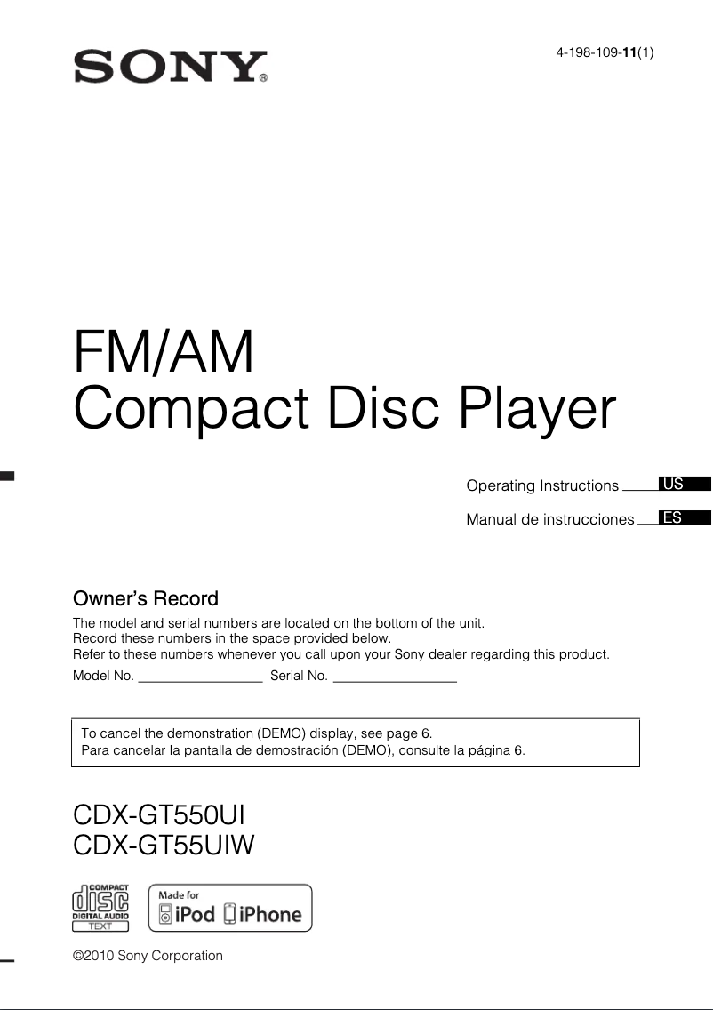 Page n°1 - Manuel utilisateur Sony CDX-GT55UIW