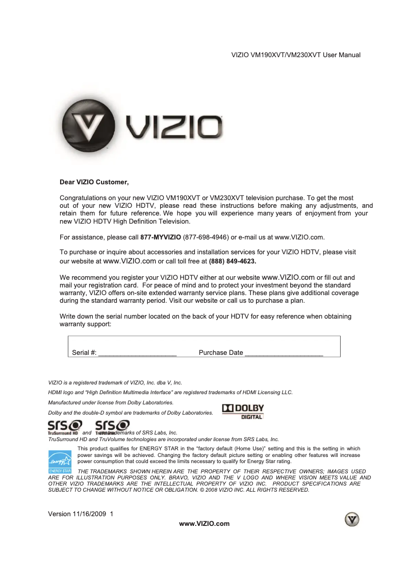 Page 1 de la notice Manuel utilisateur VIZIO VM190XVT