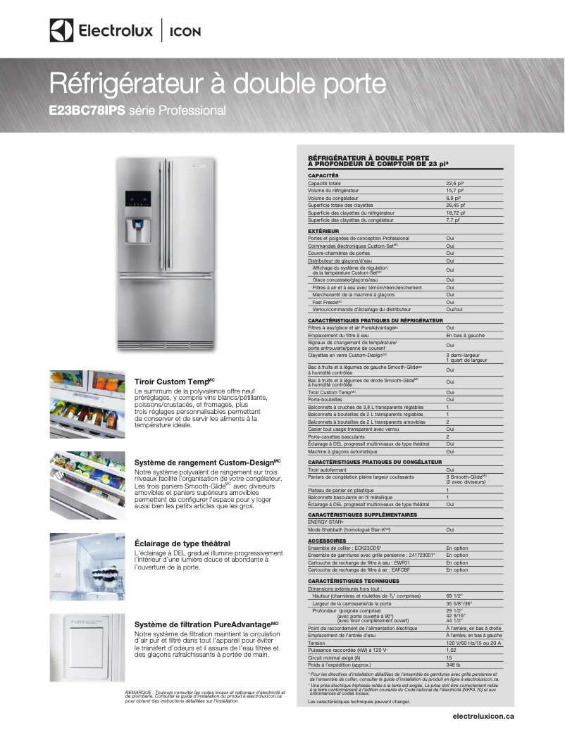 Page 1 de la notice Fiche technique Electrolux E23BC78IPS