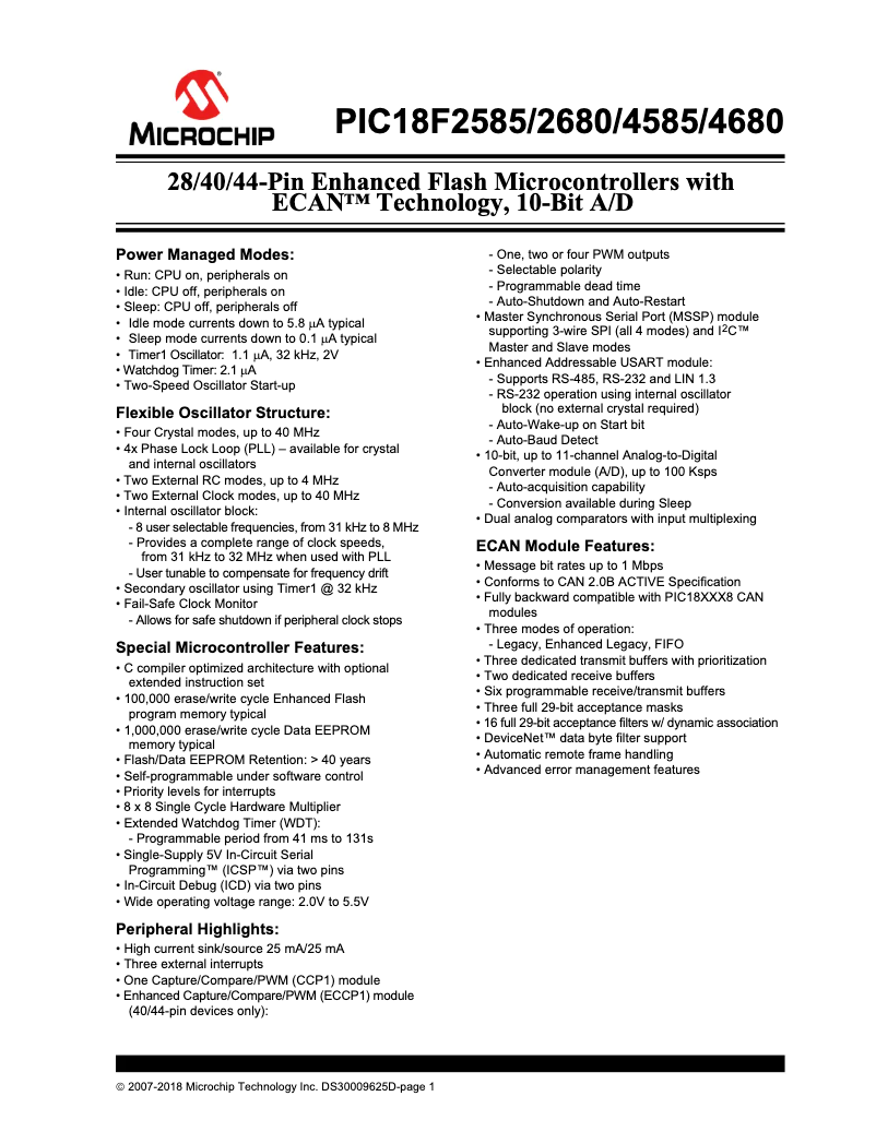 Página 1 del manual Ficha técnica Microchip PIC18F2680