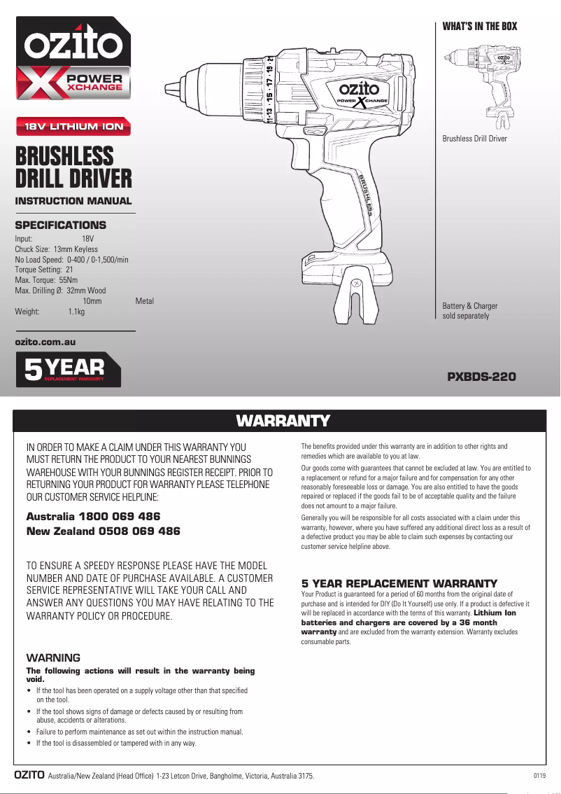 Page 1 de la notice Manuel utilisateur Ozito PXBDS-220
