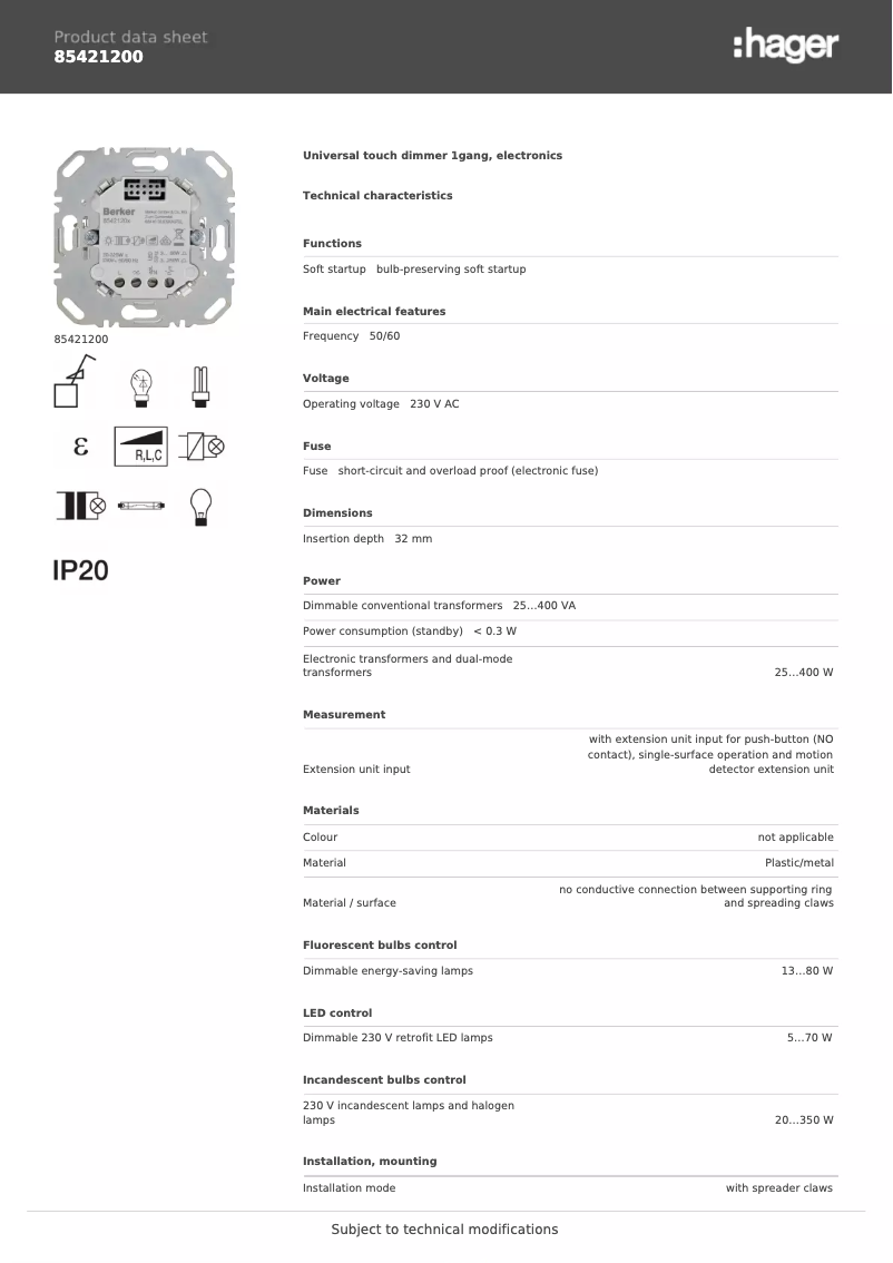 Page 1 de la notice Fiche technique Hager 85421200