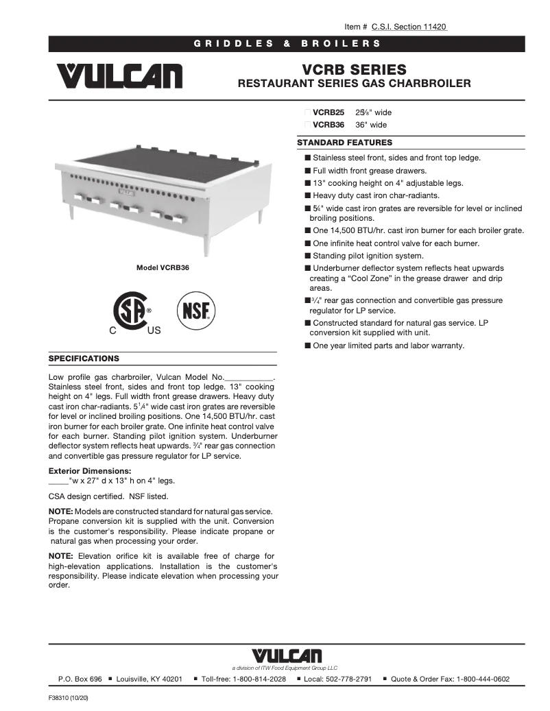 Page 1 de la notice Fiche technique Vulcan VCRB36