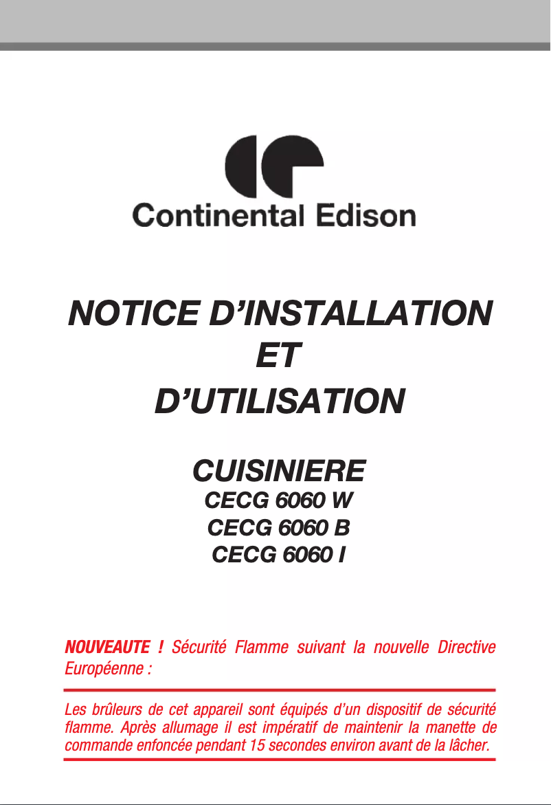Page 1 de la notice Manuel utilisateur Continental Edison CECG6060W