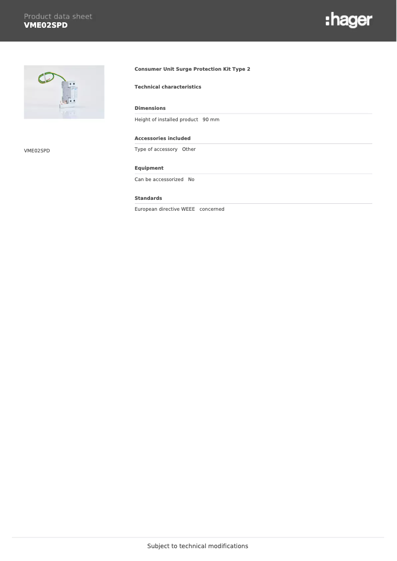 Page 1 de la notice Fiche technique Hager VME02SPD