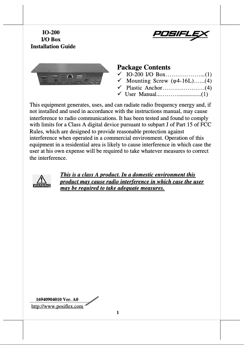 Page 1 de la notice Manuel utilisateur Posiflex IO-200