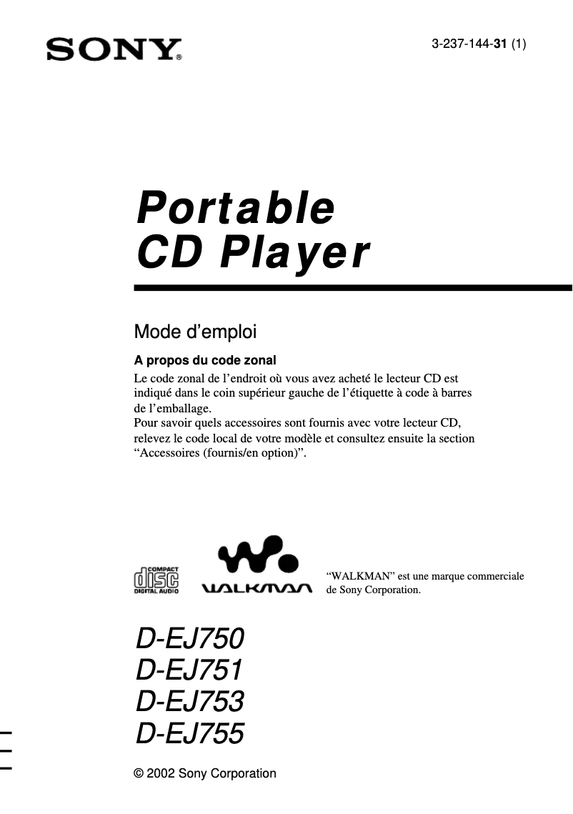 Image de la première page du manuel de l'appareil Walkman D-EJ753