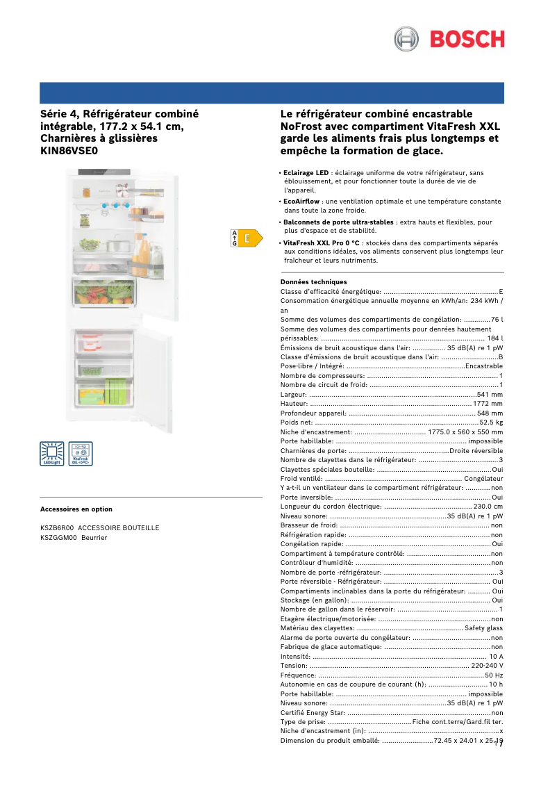 Page 1 de la notice Fiche technique Bosch KIN86VSE0