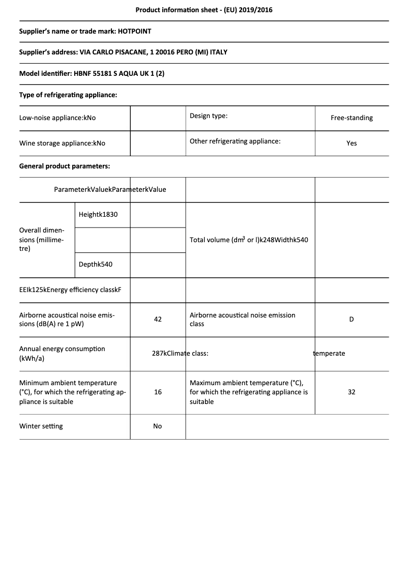 Page 1 de la notice Fiche technique Hotpoint HBNF 55181 S AQUA UK