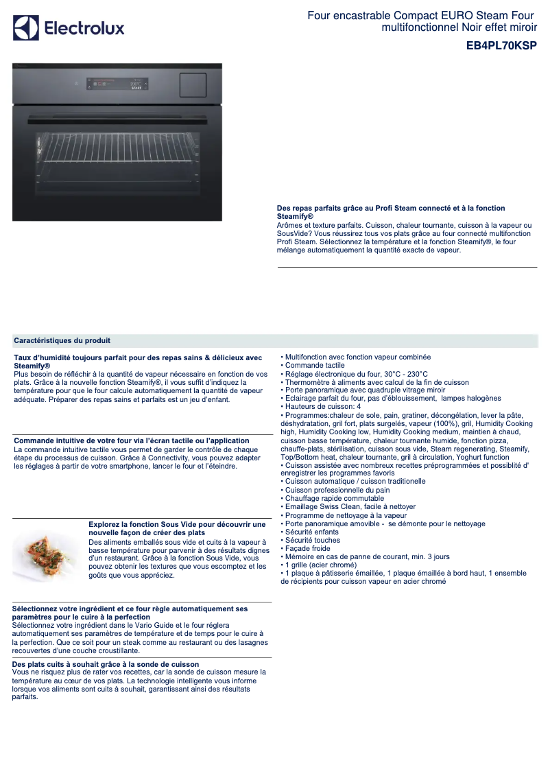 Page 1 de la notice Fiche technique Electrolux EB4PL70KSP