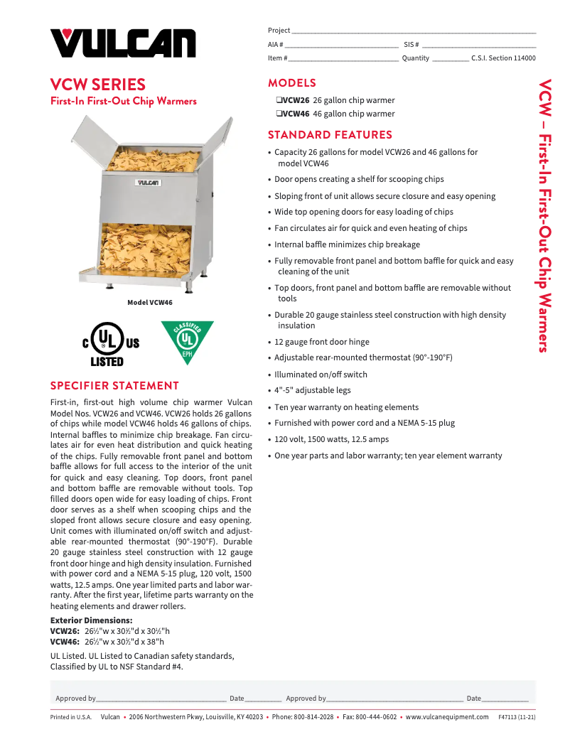 Page 1 de la notice Fiche technique Vulcan VCW26