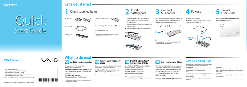 Page 1 de la notice Guide d'installation Sony Vaio VGN-P610