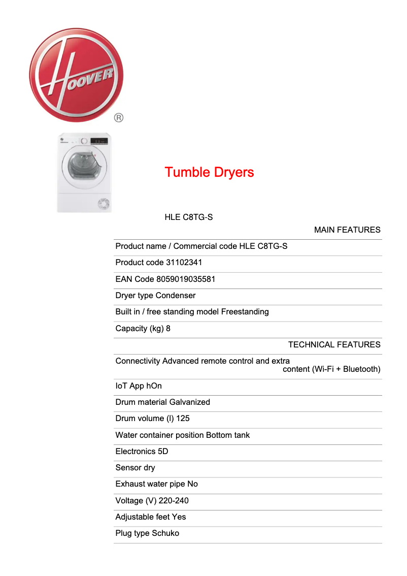 Page n°1 - Fiche technique Hoover HLE C8TG-S