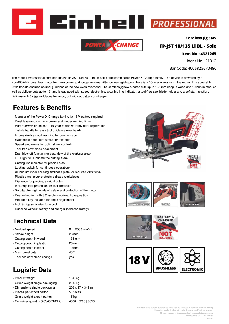 Page 1 de la notice Fiche technique Einhell TP-JST 18/135 Li BL